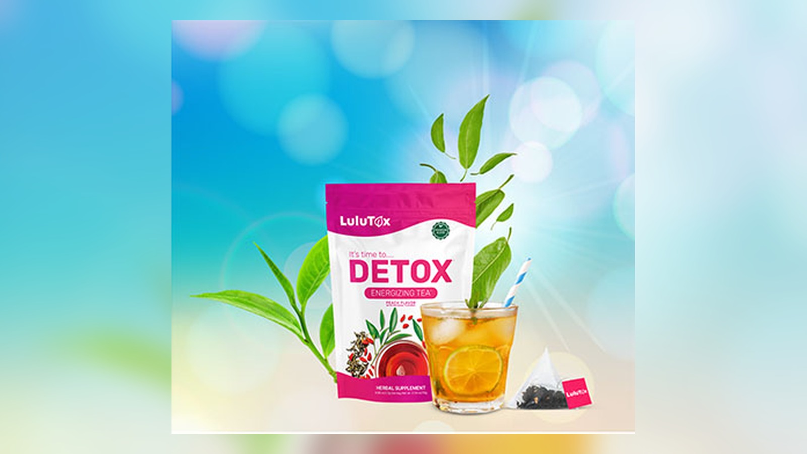 Fotografía oficial de Lulutox Detox Tea junto a una taza de infusión